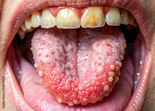 Close-up of an irritated tongue with enlarged papillae, small bumps on the surface, appearing as white or red lesions, indicating oral health issues or allergies. photo