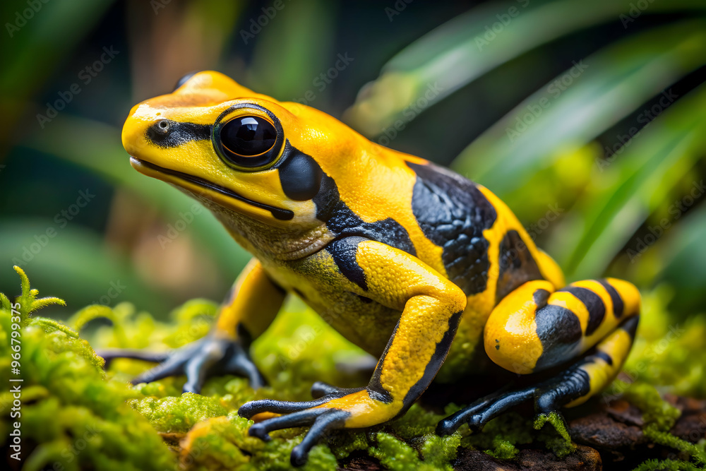 Fototapeta premium Golden Poison Dart Frog: A vibrant yellow and black poison dart frog perched on a leaf, its beady eyes reflecting the rainforest's mysteries. A captivating image of nature's artistry