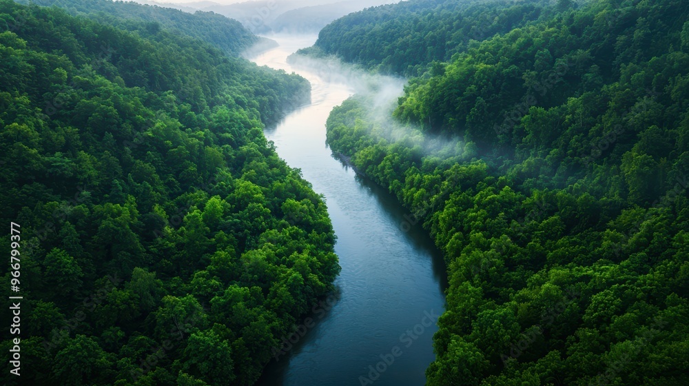 Aerial View of Serene River Flowing Through Lush Green Forest in Misty Morning Light Aerial View of Serene River Flowing Through Lush Green Forest in Misty Morning Light