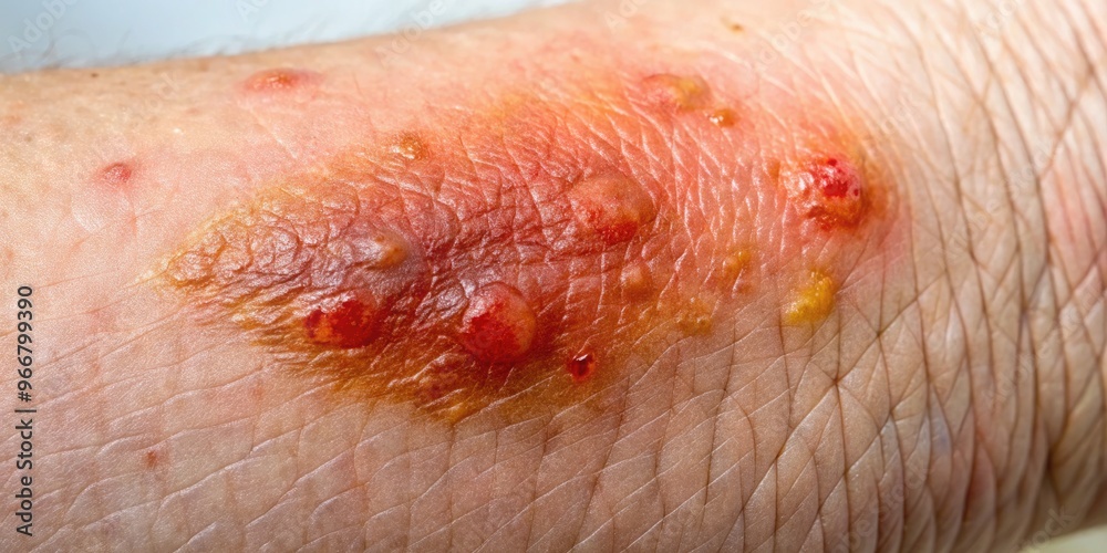 Fototapeta premium Close-up of a reddened, swollen, and mildly blistered area of skin, indicating a minor first-degree burn, with subtle inflammation and slight peeling.