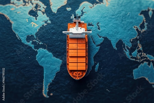 Cargo ship transporting oil across vast oceans with the global map in the background, oil energy global, transcontinental energy transport