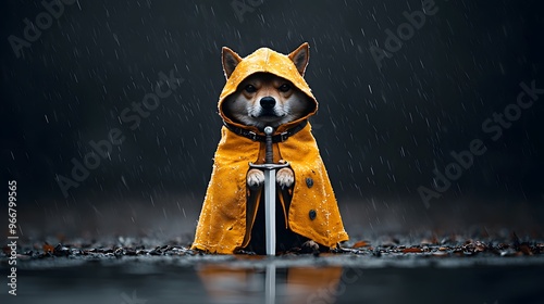 Brave Shiba Inu Knight in a Bright Coat Facing the Rain with Sword, Eliciting Courage and Fun. Animal in Halloween Costume Concept photo