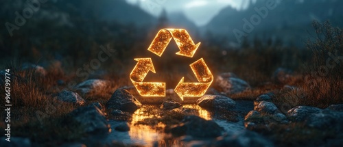 Golden Recycle Symbol in a Mountain Stream