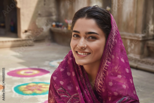 Indian Woman in Traditional Magenta Saree and Nose Ring, Rangoli Background