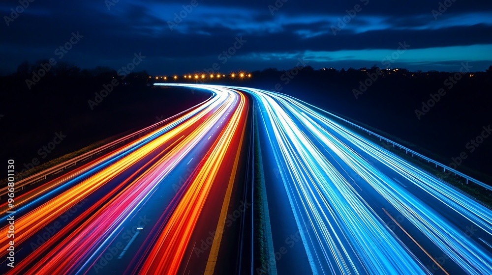 Dynamic night highway with colorful light trails in long exposure, showcasing vibrant city life and energy. Dynamic night highway with colorful light trails in long exposure, showcasing vibrant city life and energy.