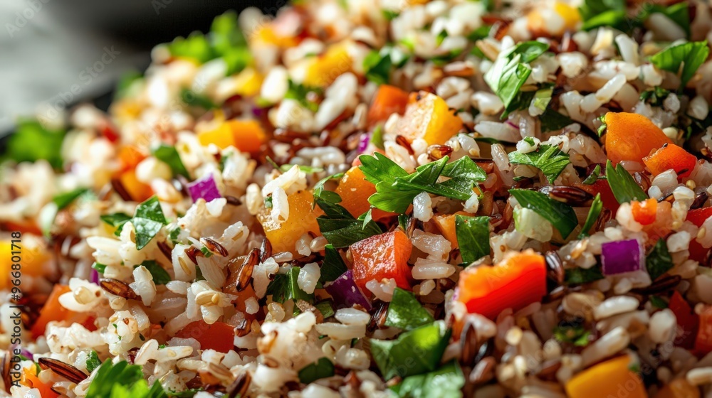 Detailed image of a rice and grain salad with a colorful mix of wild rice, farro, and quinoa, healthy eating, grain variety Detailed image of a rice and grain salad with a colorful mix of wild rice, farro, and quinoa, healthy eating, grain variety