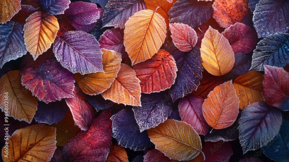 A Close-Up View of Colorful Autumn Leaves Covered in Frost A Close-Up View of Colorful Autumn Leaves Covered in Frost