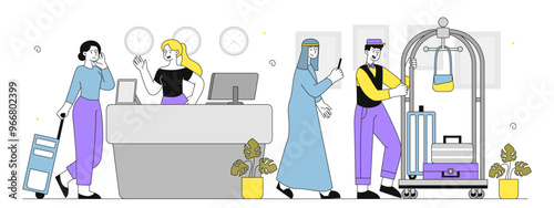 Reception at hotel. Receptionist and baggage carrier greet tourists and travelers. Holiday and vacation, travel and tourism. Linear vector illustration
