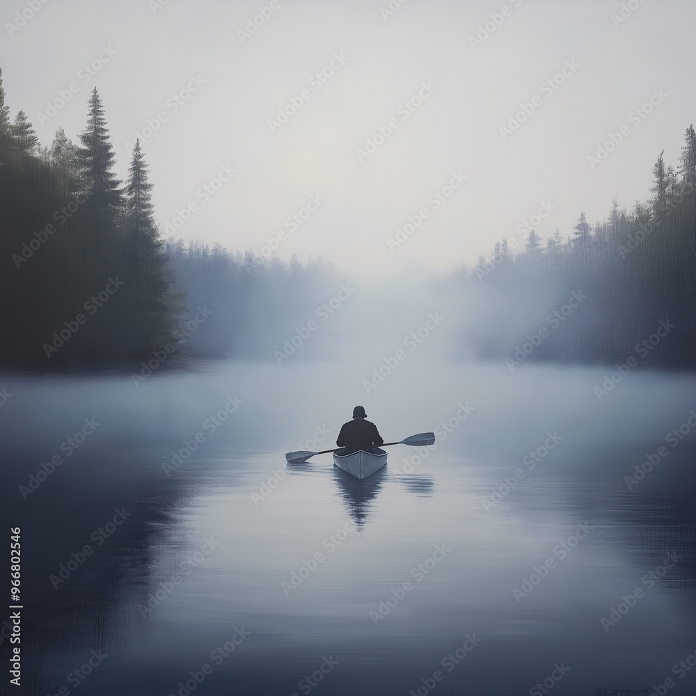 Fototapeta premium Solitary Canoeist Paddling Through Morning Mist on Quiet Lake