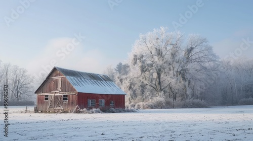 Farm barn in a cold winter landscape with snow and frost