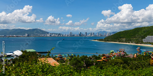 The sea bay and the Vietnamese city of Nha Trang on a sunny cloudy day