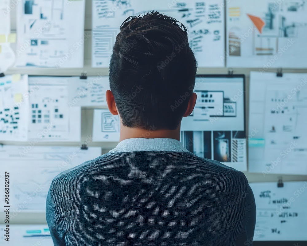Business strategist working late in a dimly lit office, surrounded by planning boards and digital screens, illustrating the dedication to enterprise planning Business strategist working late in a dimly lit office, surrounded by planning boards and digital screens, illustrating the dedication to enterprise planning