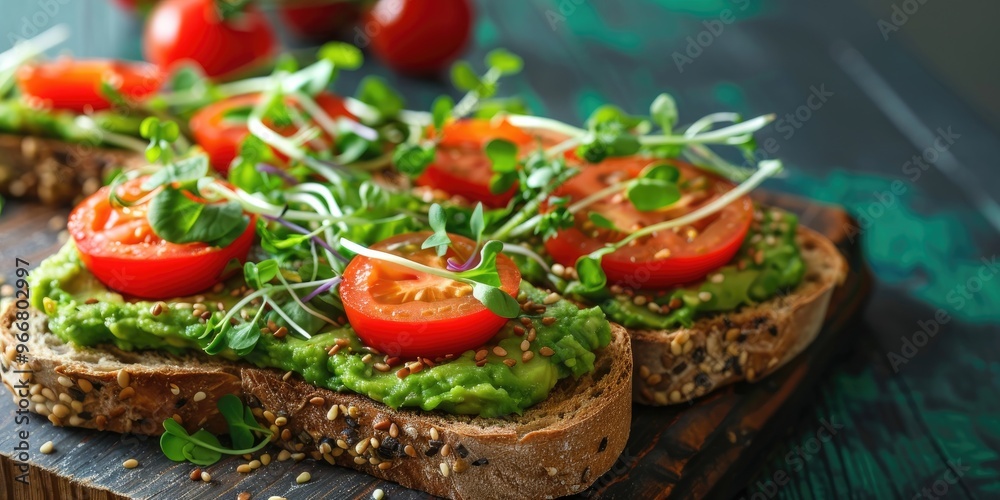 Open-faced vegetarian sandwiches featuring pea puree, avocado, cherry tomatoes, and microgreens served on a rustic wooden platter, making for a wholesome and nutritious snack choice. Open-faced vegetarian sandwiches featuring pea puree, avocado, cherry tomatoes, and microgreens served on a rustic wooden platter, making for a wholesome and nutritious snack choice.