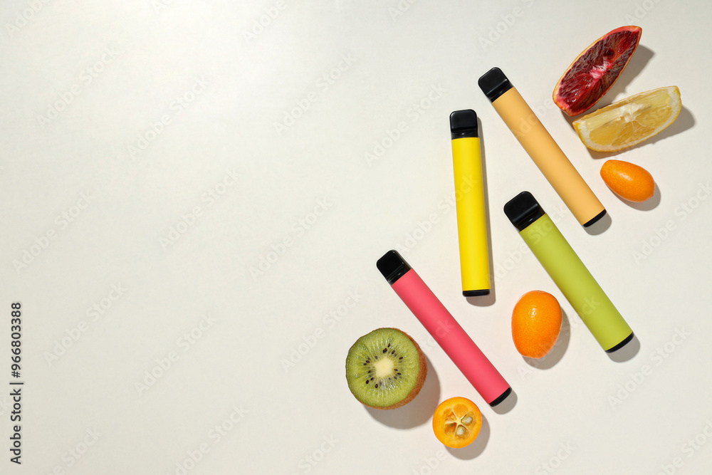 Electronic cigarettes with fresh fruit on a white background Electronic cigarettes with fresh fruit on a white background