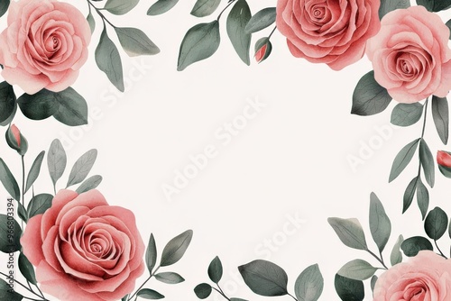 a watercolor painting of a thin wreath with green leaves and light red roses, white background