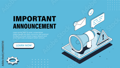 Isometric announcement poster. Loudspeaker and messages on smartphone screen. Notification of programs and applications, social networks and email. Landing page design. Linear vector illustration