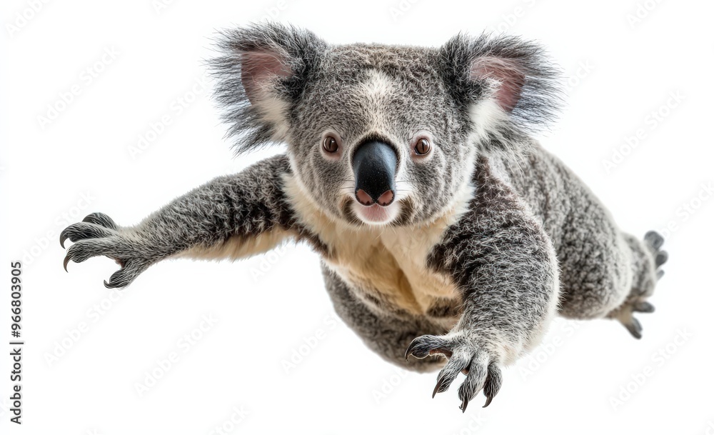 Photo of a koala, floating in mid-air on isolated white background, no shadow, high resolution photo with rich details and sharp focus Photo of a koala, floating in mid-air on isolated white background, no shadow, high resolution photo with rich details and sharp focus