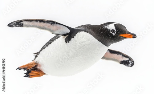 Photo of a penguin, floating in mid-air on isolated white background, no shadow, high resolution photo with rich details and sharp focus