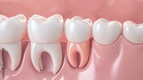 Detailed view of dental anatomy featuring healthy and affected teeth, highlighting oral health and dental care.