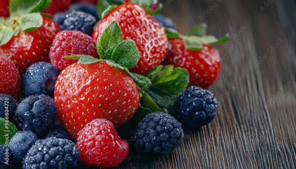Closeup of dewcovered fresh organic fruits on a rustic wooden table, capturing their natural freshness Closeup of dewcovered fresh organic fruits on a rustic wooden table, capturing their natural freshness
