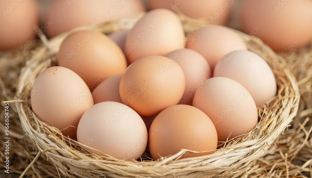 Fresh organic eggs in a strawlined basket, symbolizing simplicity and farmtotable freshness Fresh organic eggs in a strawlined basket, symbolizing simplicity and farmtotable freshness