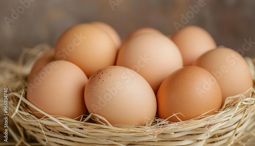 Fresh organic eggs in a strawlined basket, symbolizing simplicity and farmtotable freshness