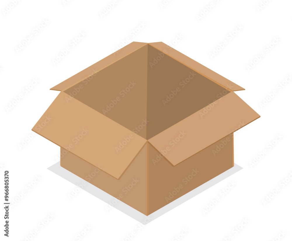 Isometric cardboard box. Carton open package. Transportation, shipping and logistics, delivery. Warehouse and storage. Poster or banner. 3D vector illustration Isometric cardboard box. Carton open package. Transportation, shipping and logistics, delivery. Warehouse and storage. Poster or banner. 3D vector illustration