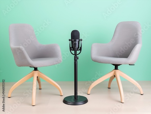 Colorful Modern Interview Setup with Yellow and Blue Chairs and Microphone in a Stylish Studio for Podcast, Talk Show, or Broadcast Concept