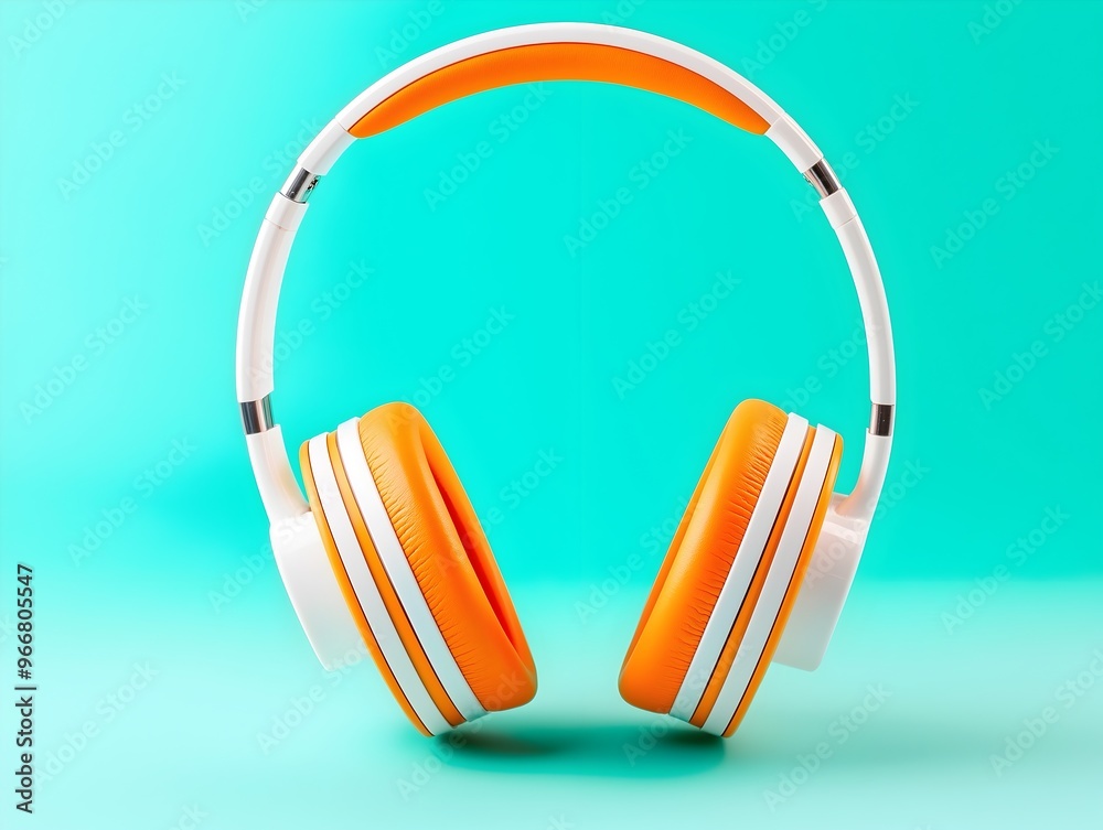 Vibrant Orange and White Headphones on a Bright Aqua Background Vibrant Orange and White Headphones on a Bright Aqua Background