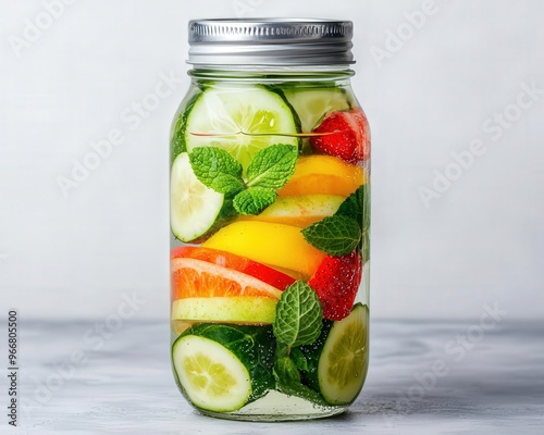 A glass jar filled with fresh organic fruitinfused water, symbolizing hydration and natural nutrition photo