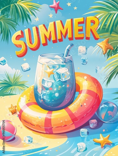 A colorful summer poster with a beach ball, inflatable pool, and other elements in the shape of the letters 
