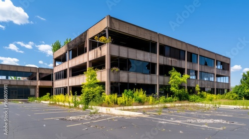 foreclosed office building with broken windows, overgrown plants, and an abandoned parking lot, a scene of financial collapse