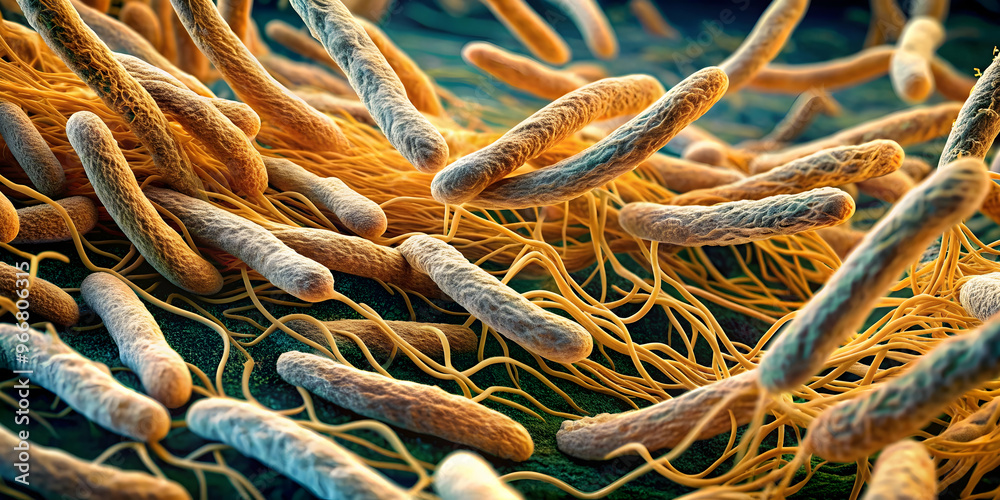 Microscopic World: A captivating microscopic view of a network of rod-shaped bacteria, illustrating the intricate and complex world of microorganisms. Microscopic World: A captivating microscopic view of a network of rod-shaped bacteria, illustrating the intricate and complex world of microorganisms.