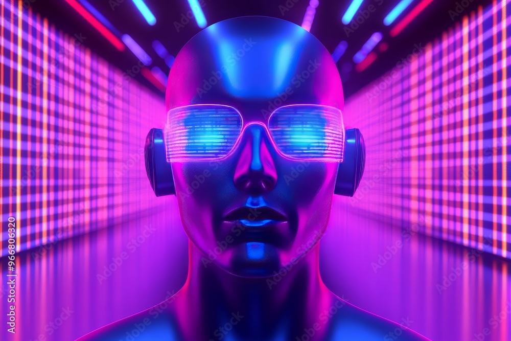 Data visualization brain computer interface and cognitive algorithm neon blue humanoid in futuristic tunnel symbolizing artificial intelligence and advanced thought Data visualization brain computer interface and cognitive algorithm neon blue humanoid in futuristic tunnel symbolizing artificial intelligence and advanced thought