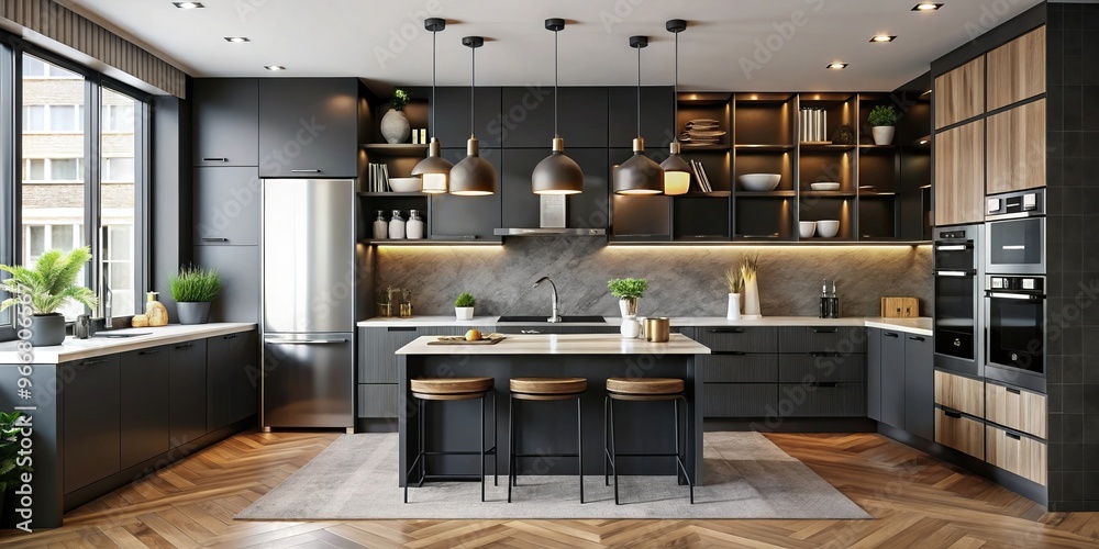 A modern kitchen features black cabinetry paired with subtle backsplash designs in neutral tones, such as cream, beige, A modern kitchen features black cabinetry paired with subtle backsplash designs in neutral tones, such as cream, beige,