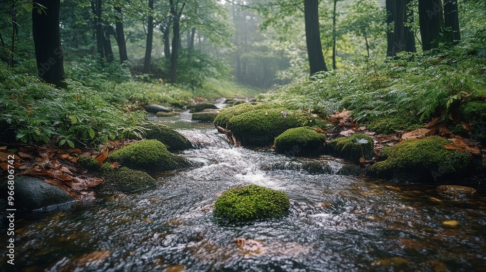Obraz premium A Tranquil Stream Flowing Through a Lush Forest
