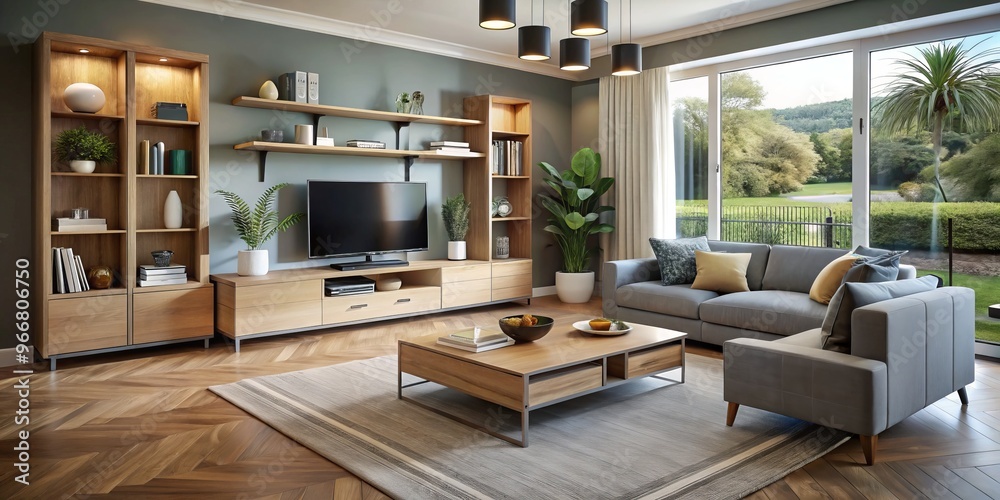 A modern living room featuring a stylish media unit that combines storage and display solutions for a sleek A modern living room featuring a stylish media unit that combines storage and display solutions for a sleek