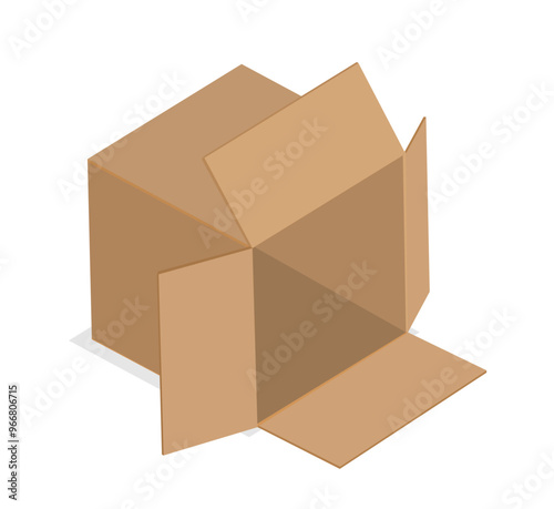 Isometric cardboard box. Carton open package. Transportation, shipping and delivery, distribution. Sticker for social networks. 3D vector illustration