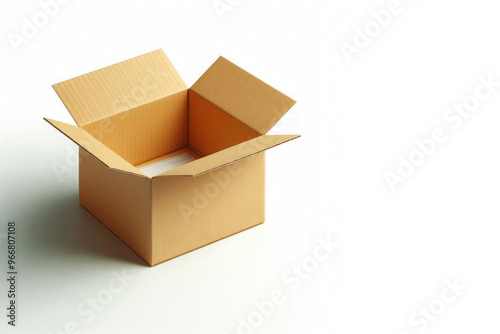 An empty cardboard box on a light background. Space for text.