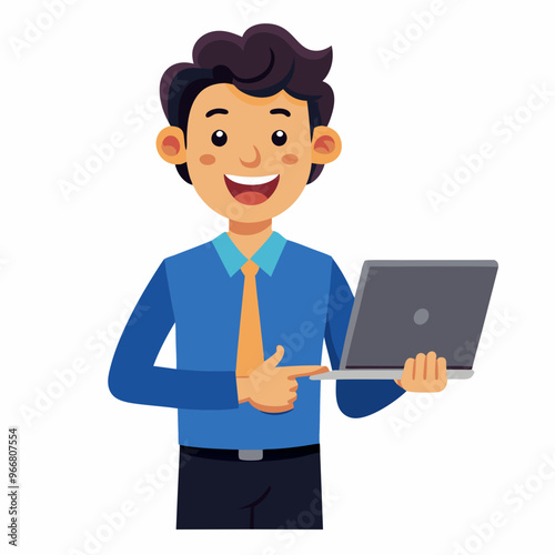 Cartoon character with a laptop. A smiling man holding and pointing at a laptop on a white background 