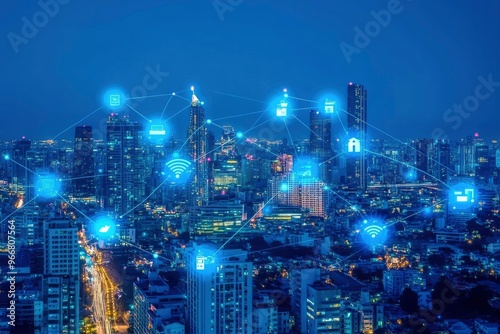 Modern city and wireless communication network concept. Smart city. Digital transformation. Vertical visual for advertisements and banners, ai