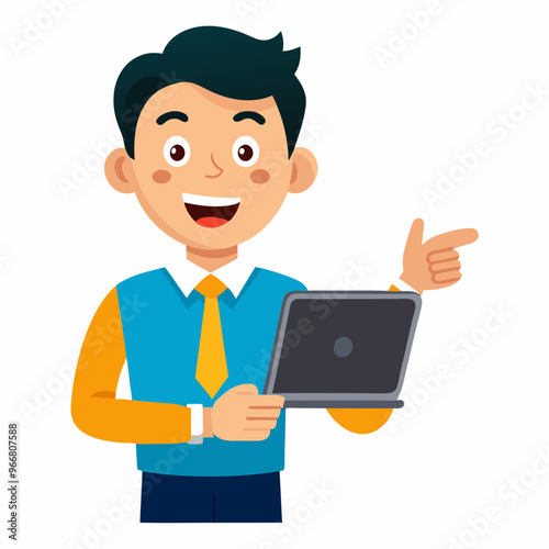 Cartoon character with a laptop. A smiling man holding and pointing at a laptop on a white background 