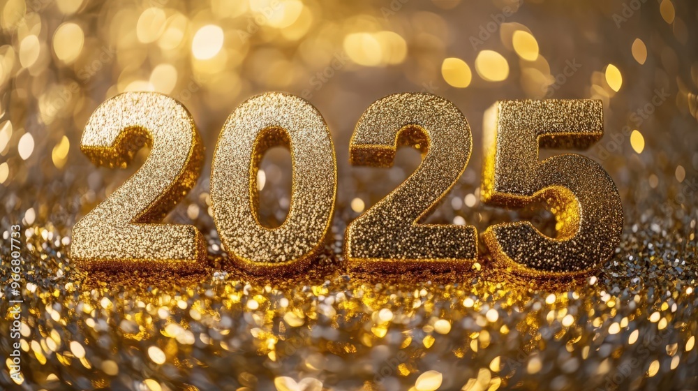 A minimalist yet elegant image celebrating the year 2025, with bold golden numbers set against a shimmering golden background, exuding a sense of luxury and anticipation for the ne A minimalist yet elegant image celebrating the year 2025, with bold golden numbers set against a shimmering golden background, exuding a sense of luxury and anticipation for the ne