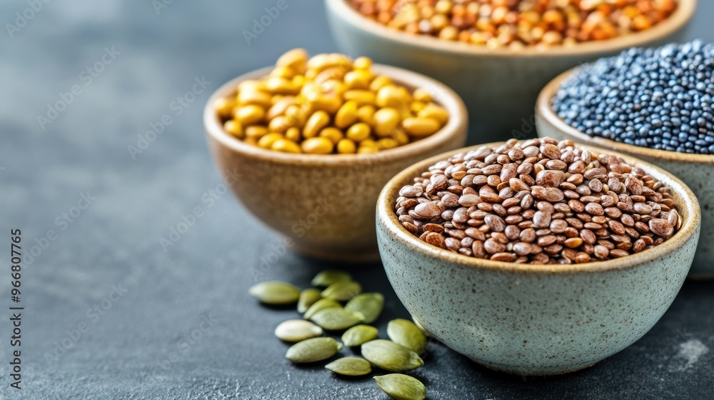 Assortment of Seeds in Bowls on a Grey Surface