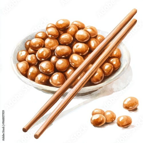 Delicious brown candy coated peanuts served in a white bowl with wooden chopsticks, perfect for snacks and desserts. photo