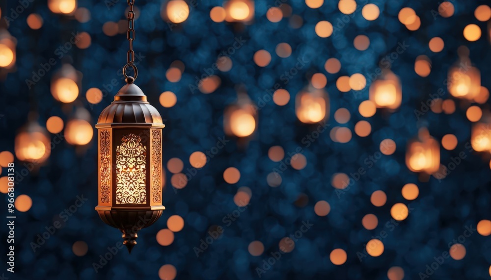 Lanterns and crescent moon with Eid Mubarak message, rich cultural backdrop, 3D illustration Lanterns and crescent moon with Eid Mubarak message, rich cultural backdrop, 3D illustration