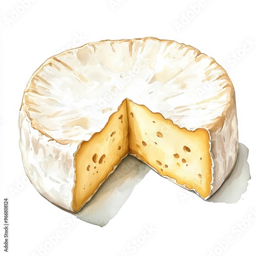 Delicious cheese with a creamy texture, featuring a white rind and a perfectly cut slice revealing its soft interior. photo