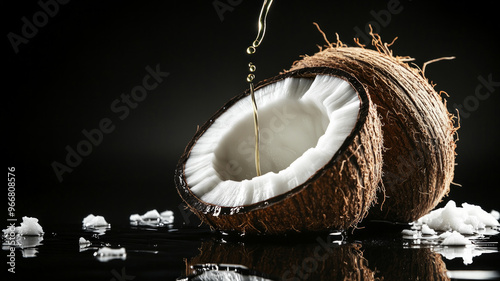 Fresh coconut with oil drops from half the shell brings its natural moisture to life. AI generative photo