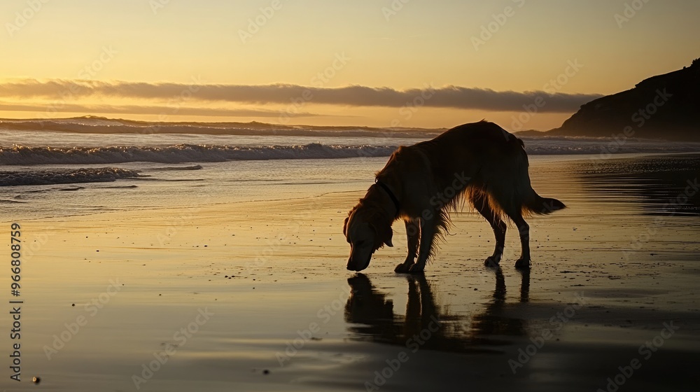 Golden retriever sniffing the wet sand on a beach at sunset, waves gently rolling in, peaceful and curious moment Golden retriever sniffing the wet sand on a beach at sunset, waves gently rolling in, peaceful and curious moment