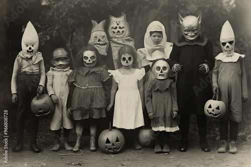 Vintage faded old style daguerreotype image of eerie children in costumes trick or treating for Halloween